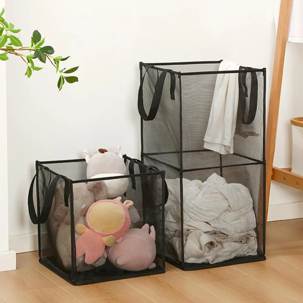 Laundry Basket Large Capacity Square Foldable Side Handles Fine Mesh Transparent Visible Dirty Clothes Sundries Toys Storage Bag