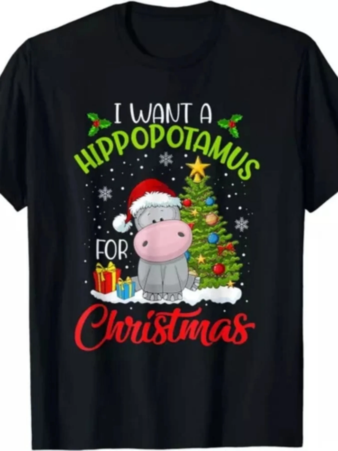 Adult Christmas Tee Cute Hippo Santa Hat Christmas Tree Colorful Presents Holly I Want A Hippopotamus