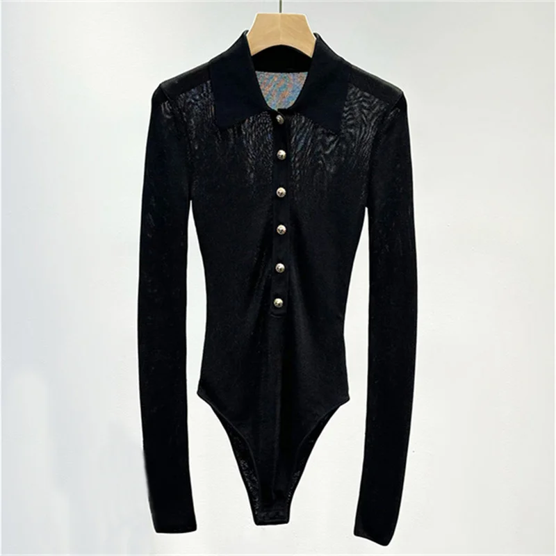 Bodysuit women New elastic slim fit long sleeved top for autumn 2025 Polo collar pullover Metal button decoration T-shirt corset