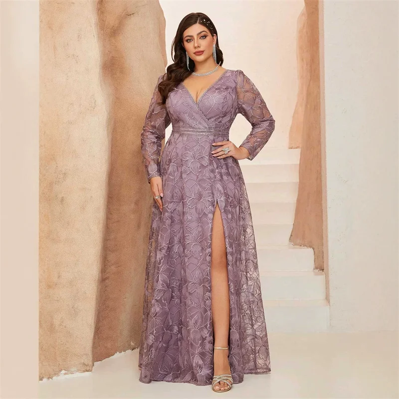 Plus Size A Line Slit Lace Elegant V Neck Long Sleeve Bridesmaid Dresses Wedding Party Formal Evening Prom Floor Length