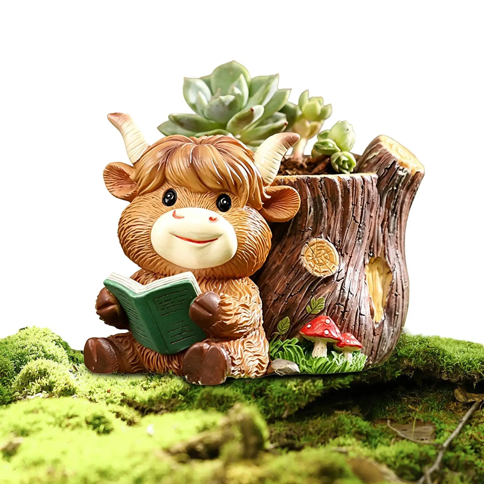 Cute Reading Highland Cow Resin Succulents Flower Pot With Drip Hole Funny Planter Cow With Anti Slip Bottom Pad Home Decor
