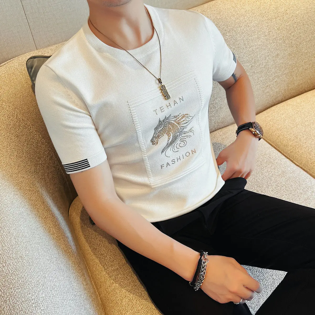 

Trendy Summer Letter Printed Short Sleeved T-shirt Men's Round Neck Slim Fit Casual T-shirts Business Social Knit Shirt Tees