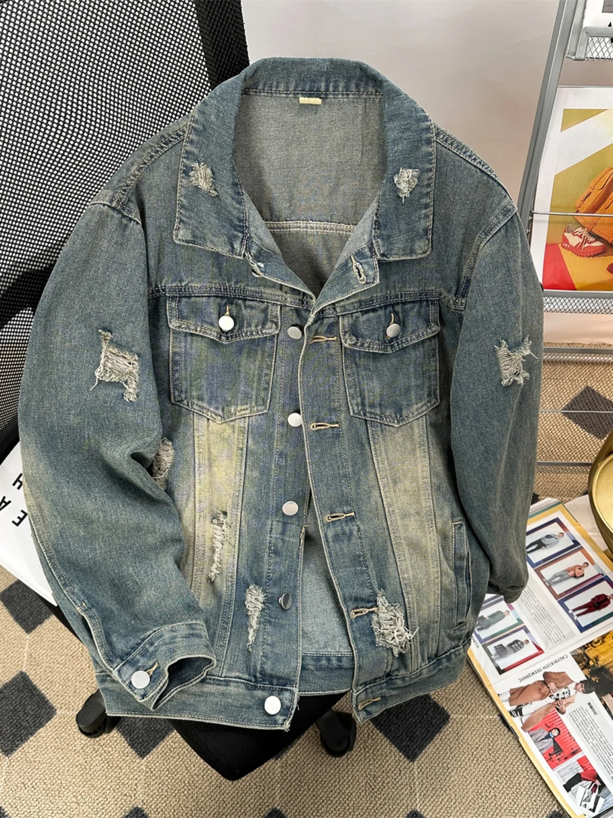 

Мужская джинсовая куртка Advanced, весна 2024, новая, рваная, в стиле рабочей одежды, американский ретро-стиль, свободный крой, молодежная мода, на одной пуговице, длинная...