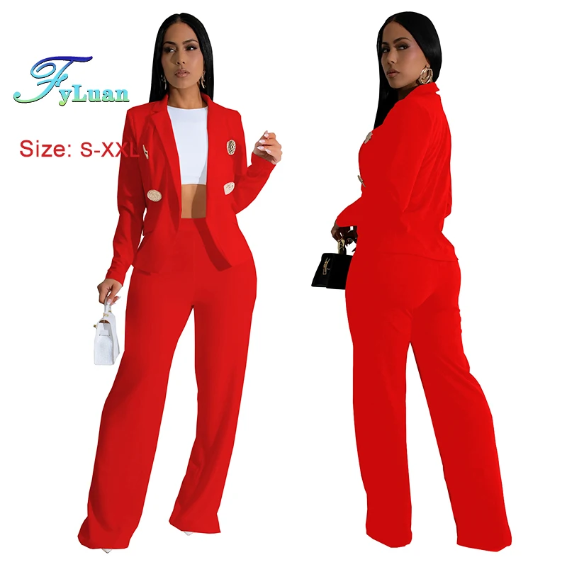 Nuovo stile elegante set di abbigliamento da donna giacca doppiopetto con bottoni tinta unita pantaloni larghi a gamba larga pantaloni lunghi alla moda due pezzi