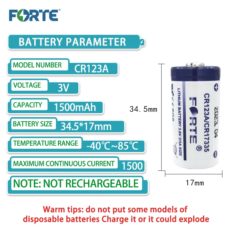 FORTE CR123A 3V Lithium Battery 1500mAh for Industrial Control Servo Intelligent Instrument Camera Smoke Alarm Camera