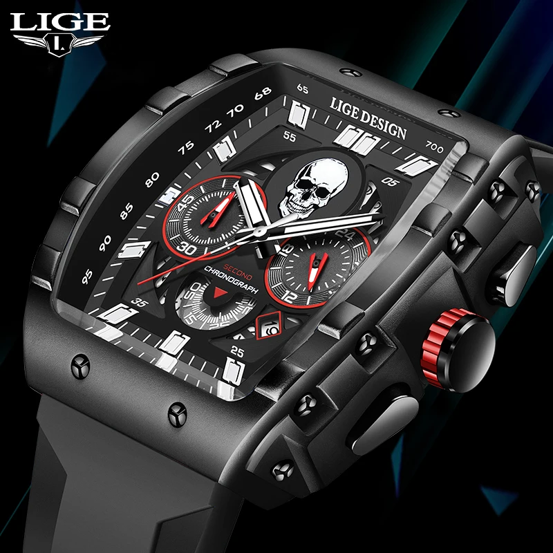 New LIGE Top Watch For Man Black Silicone Sport Army Skull Square Dial Quartz Watches Men Chronograph Date Clock Gift saat erkek