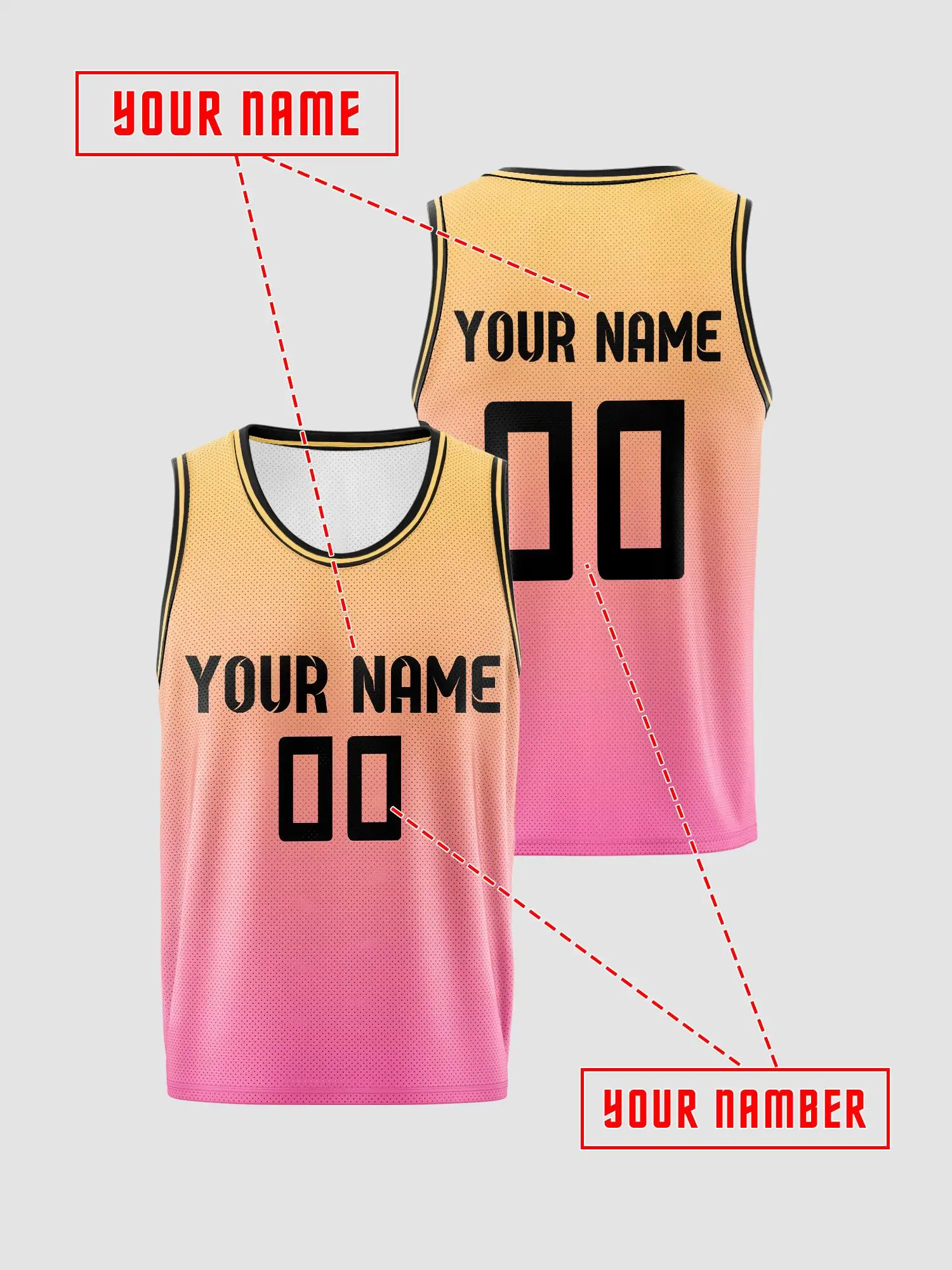 Yellow‑Pink Gradient Black Trim Custom Basketball Jersey, Print Name & Number, Breathable Quick‑Dry for Kids Adults view 2