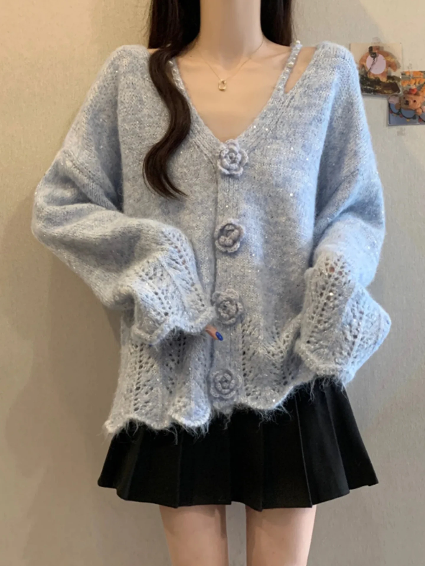 

Синий вязаный кардиган-свитер женский больших размеров, мягкий, пушистый, с 3D цветами, осенне-зимний, новый, высококачественный материал