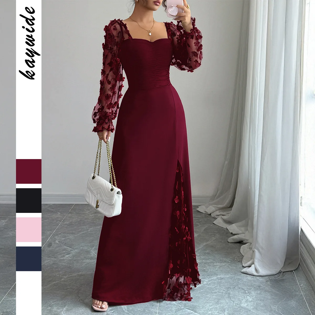 

Элегантное кружевное платье с вырезами и длинными рукавами в европейском и американском стиле 2025 года