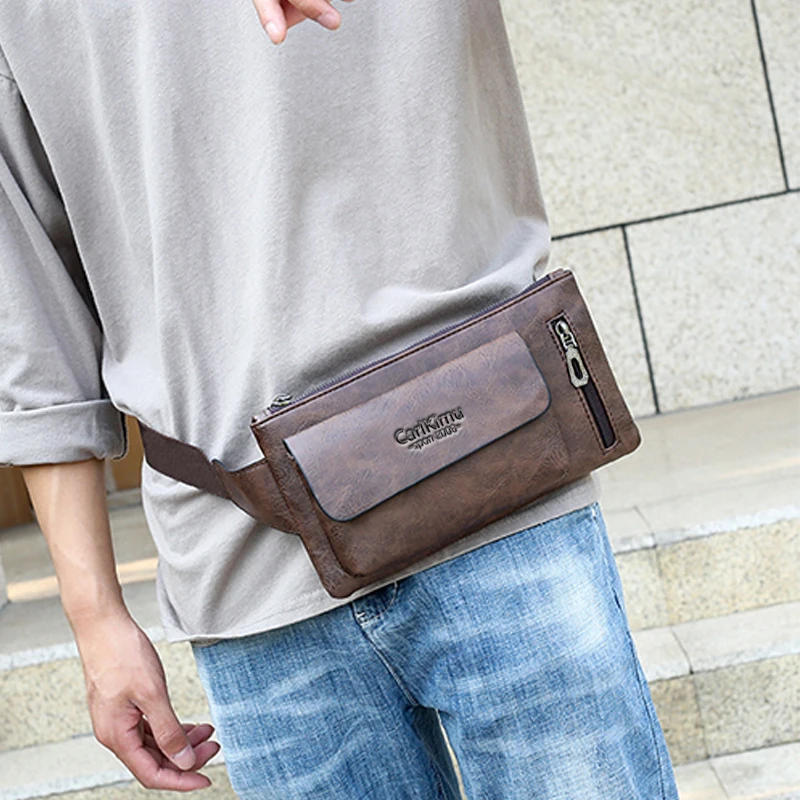 Men's single-shoulder bag is suitable for business travel. It is a PU functional waist bag with a slanted cover design.