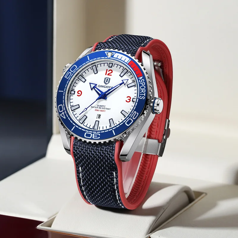 Hot Selling Classic Blue White Style Quartz Watch Men Personality Business Creative Design Steel Silicone Strap AAA Watch Clcok
