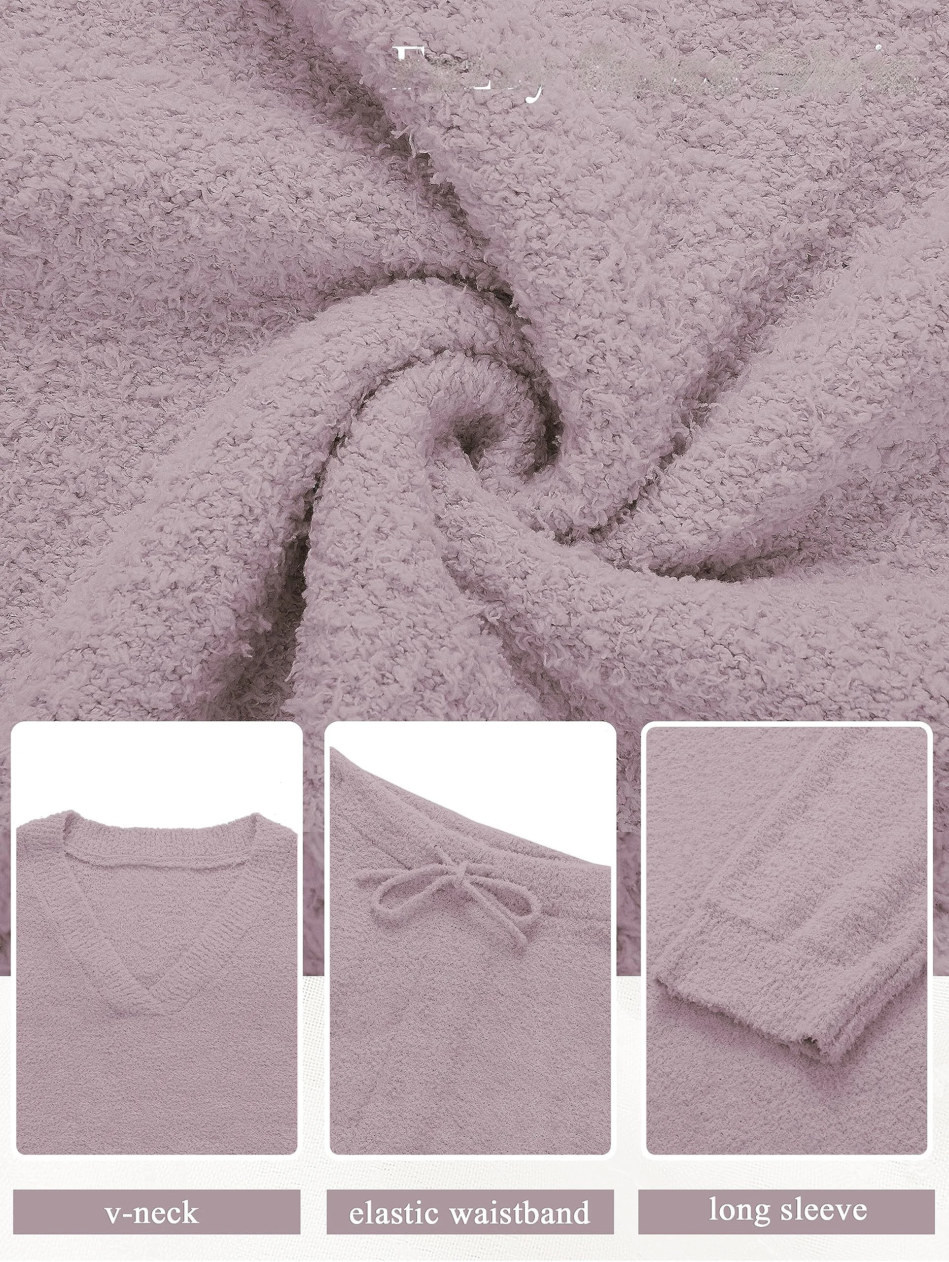 Womens Fuzzy 2 Piece Lounge Sets Outfit Sweater Pajama Set Winter Soft Long Sleeve V-Neck Straight Leg Pants Suitable for Out...