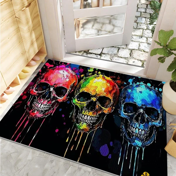 Colorful Skull Art Rug Vibrant Paint Splatter Design Non Slip Floor Mat for Home Decor