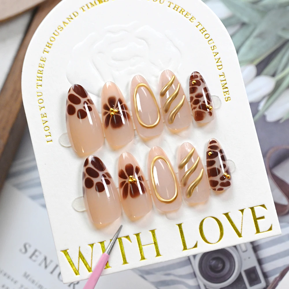 24pcs Luxury Gold Lines Leopard Flowers Fake Nails French Almond Nude Press On Nails with 3D Caviar Beads Wearable False Nailtip