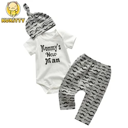 3pcs Newborn infant Baby Boys Clothes Set Short Sleeve Romper Top with Letters + Printed Pants + Cap Summer Outfit for Boys