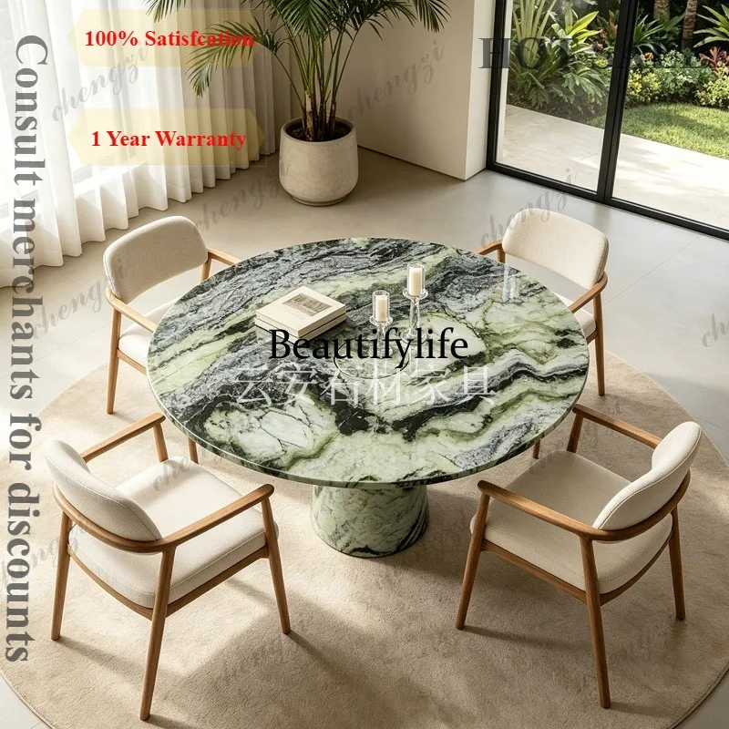D1089 Nordic Light Luxury High-End Natural Green Marble Round Dining Table Villa B&B Negotiation Table