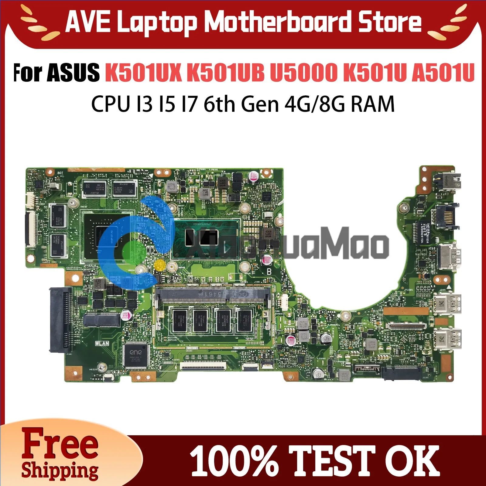 

K501UX Notebook Mainboard For ASUS K501UB K501UQ A501U U5000 K501UXM Laptop Motherboard CPU I3 I5 I7 6th Gen 4G/8G RAM DDR3