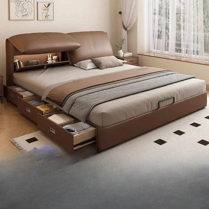 for Italian Elephant Ear Leather Bed Modern Simple High-End Box Drawer Double Bed Storage Queen Bed Master Bedroom