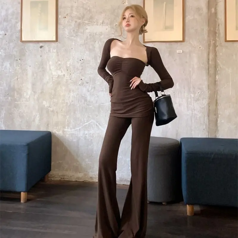 Women's Y2K Three-Piece Set with Flared Pants - Vintage Ruched Top & High Waist Bell Bottoms, Sexy Edgy Streetwear Spring Autumn