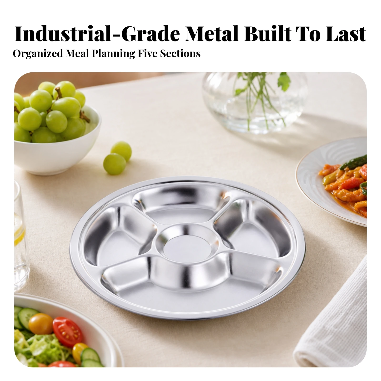Stainless Steel Divided Plate Long-Lasting Divided Dinner Plate Tableware Sturdy Stackable for Children, Cafeteria, School Lunch