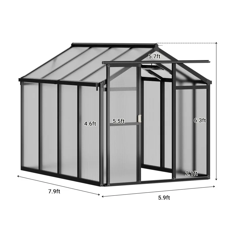 6X8 FT Greenhouse, Walk-in Greenhouse Kit with Aluminum Frame, Polycarbonate Panels, Adjustable Roof Vent, Sliding