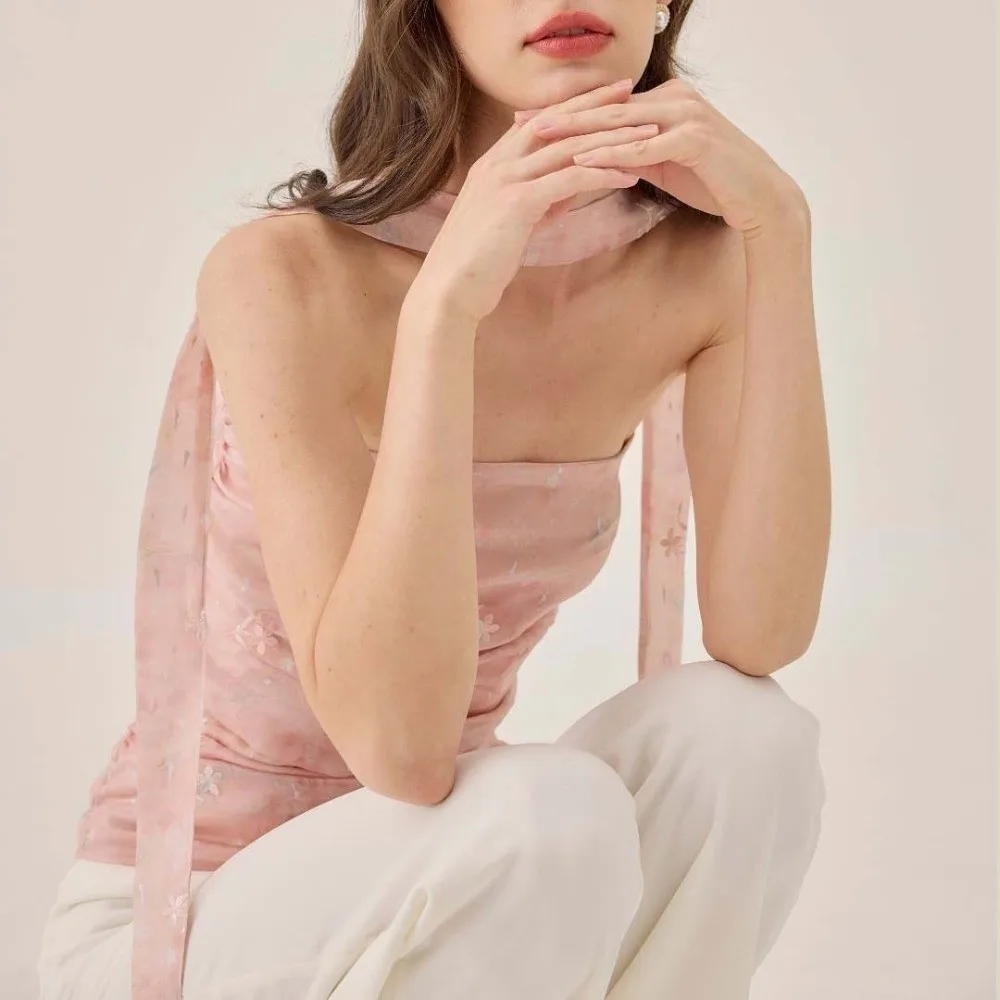 أنيقة مشد الوردي زهرة بروتيل سليم صالح أكمام الشريط المحاصيل القمم الدبابات الكورية نمط الحمالة سترة السيدات #4