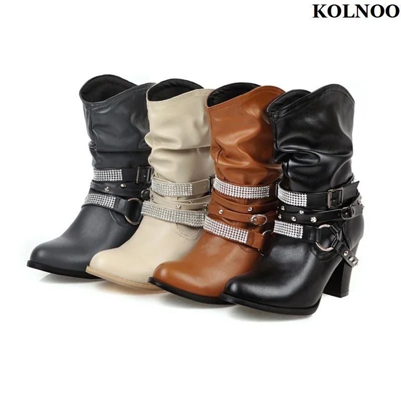 

Kolnoo New Handmade Classic Ladies Chunky Heel Boots Buckle Straps Big Size 35-47 Vintage Style Booty Evening Fashion Prom Shoes