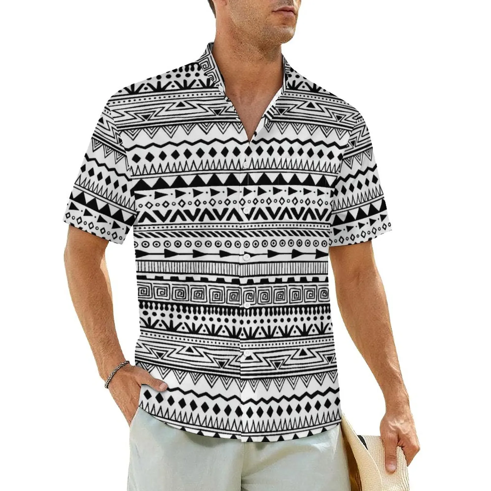 

White And Black Ethnic Beach Shirt Mens Vintage Print Loose Casual Shirts Hawaii Short Sleeve Comfortable Oversized Blouses Gift