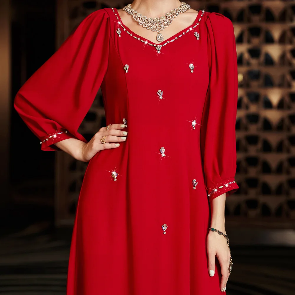 New Red Lantern Sleeve Arabic Heavy Industries Hand sewn Diamond Dress for Banquet Bridal Dress