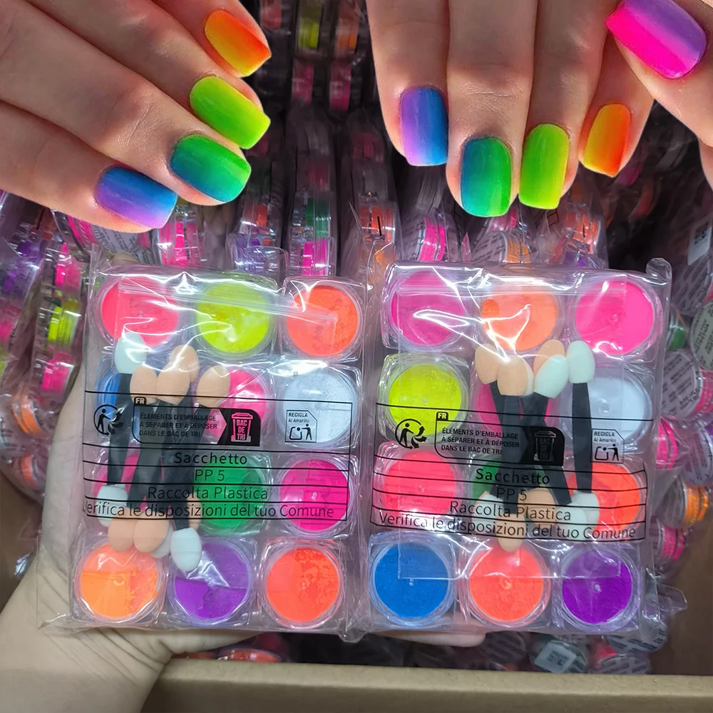 Poudre fluorescente néon pour ongles, effet dégradé coloré, poussière pigmentée pour Festival, fête, maquillage, décoration de manucure, 12 pièces/ensemble