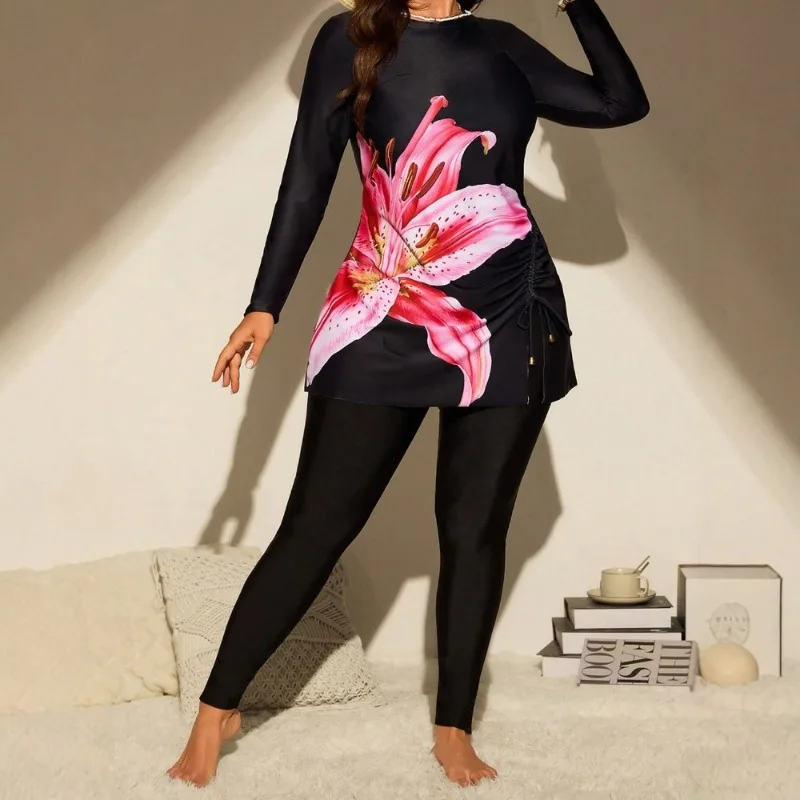 

2025 New Fixed-plate Printing European and American Large-size Swimsuit Long-sleeved Sunscreen Drawstring Split Women's Bikini