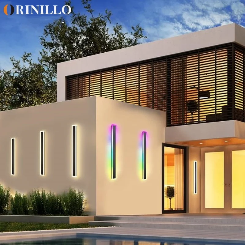 Outdoor waterproof long wall lamp, IP65 modern minimalist RGB, 7 colors, dimmable, garden, balcony, outdoor lighting