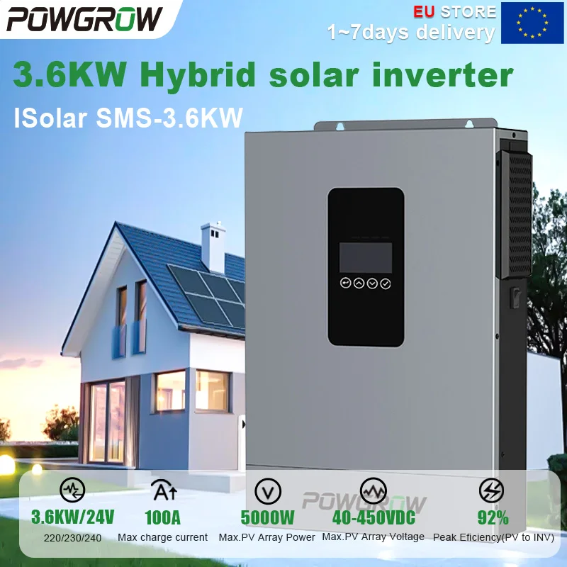 POWGROW 5000W Off Grid Inverter MPPT 24V 60-450VDC 9000W Solar 160A Batterijlader 10KW Piekstroom 20ms Gen Modus Werk Zonder Batterij Thuisgebruik