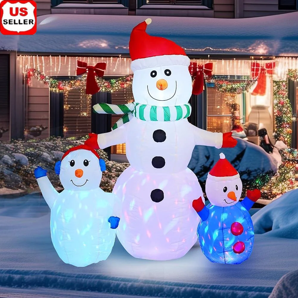 

6FT Inflatable Snowman Christmas Decoration Outdoor Waterproof Colorful Rotating LED Lights Easy Inflate Secure Stakes Tethers