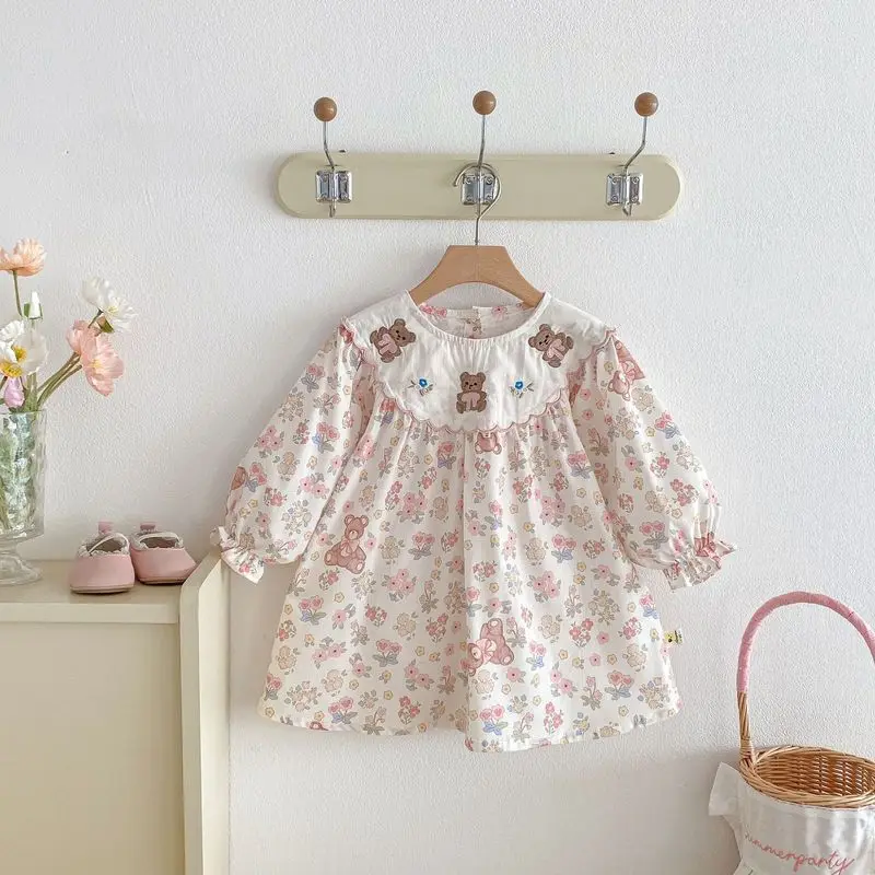 Girls Floral Dress Cute Bear Embroidery Long Puff Sleeve Round Neck A-Line Kids Casual Swing Dress