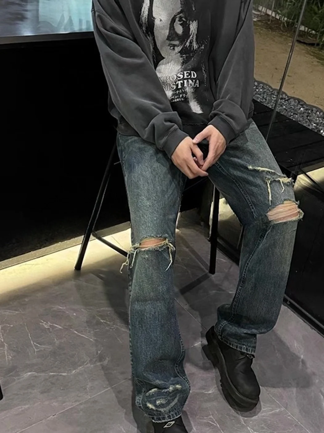 

Мужские джинсы American High Street CE, синие, с эффектом потертости, прямой крой, с разрезами на коленях, повседневная одежда