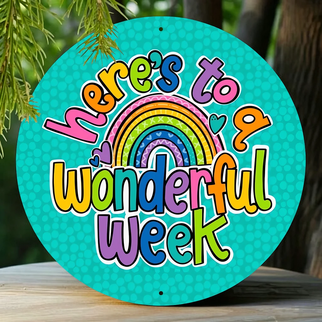 JIT 1-pc Light cyan rainbow YOU ARE WONDERFUL graffiti print round metal tin sign wall decor, hassle-free hanging structure, this stylish metal tin sign fits reading nook and bedroom for multi-scene wall decor, excellent daily home - view 5