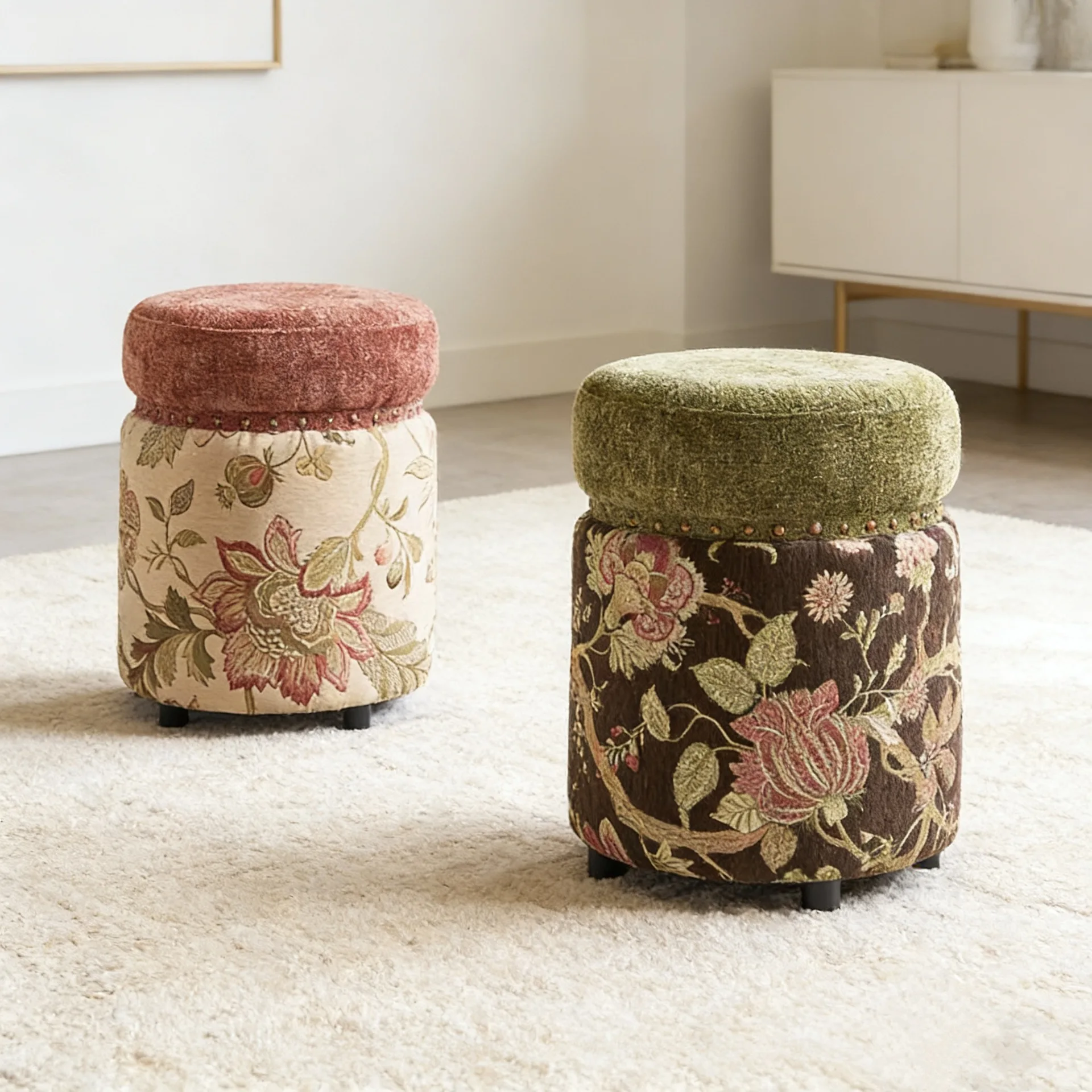 Retro jacquard round stool solid wood bedroom soft seat stool home living room shoe changing