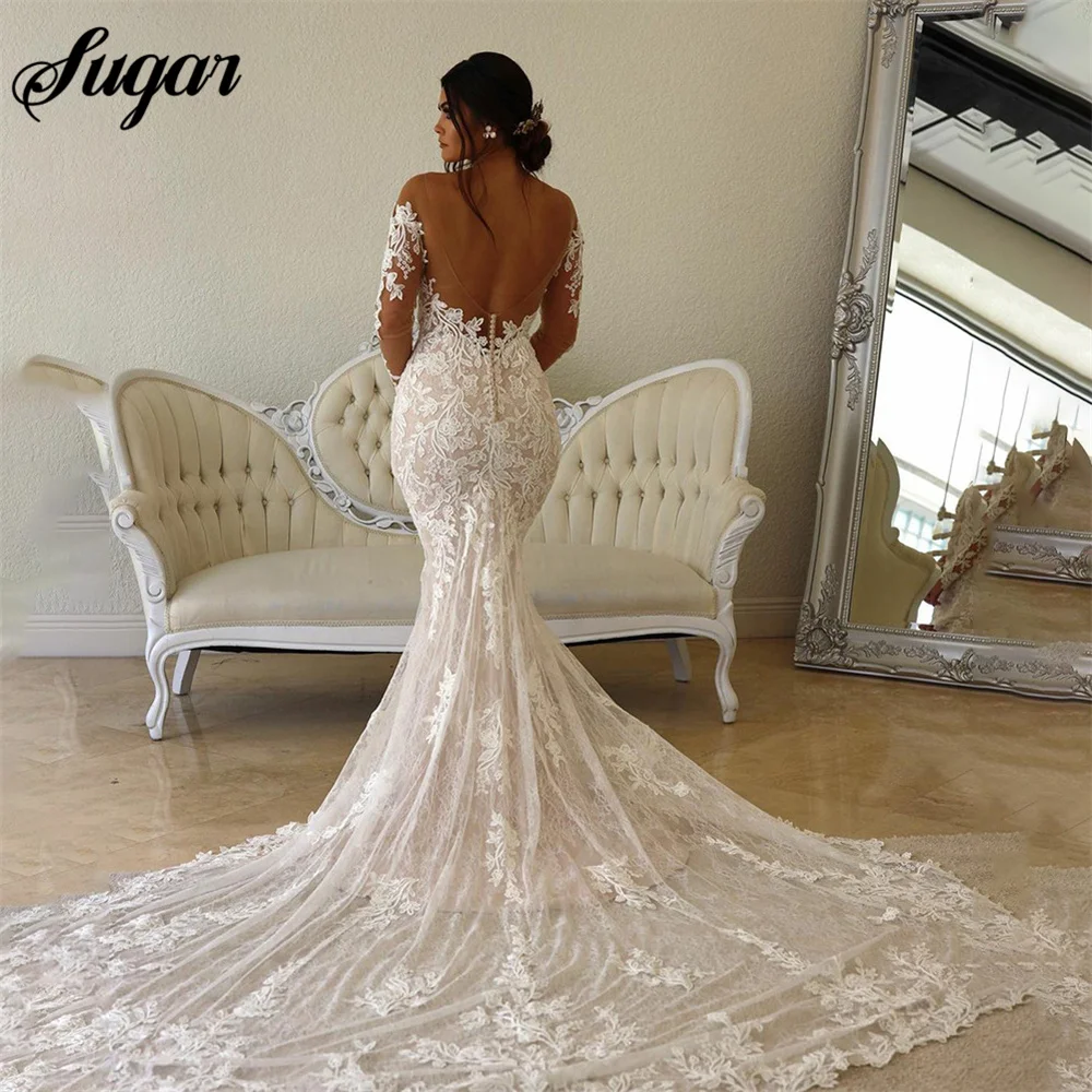 Boho Kant Trouwjurk Zeemeermin Illusie Bodice Vestido De Noiva Lange Mouw Doorschijnende Hals Appliques Bruidsjurken Robe De Mariée