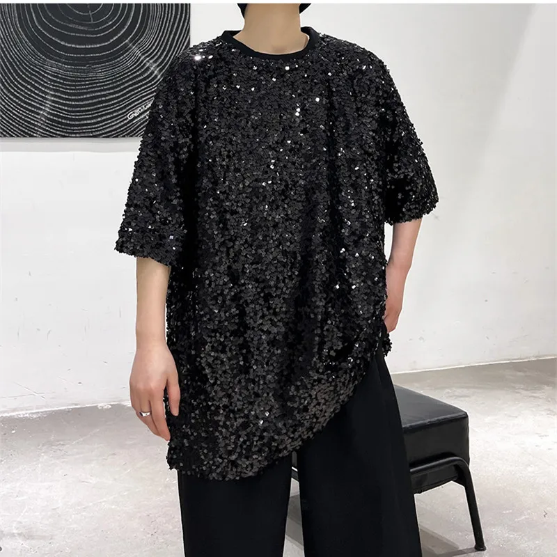 Men‘s Loose Short Sleeve Sequins T-shirt Silver Black Casual Pullover Hip Hop Jazz Dancer Stage Performance Glitter Tees Shirts