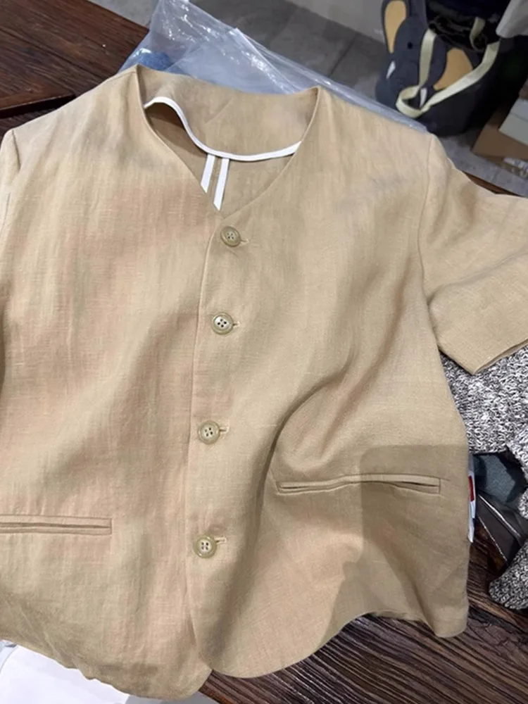 

Retro Single-Button ort-Sve Cotton Linen Top Loose Commute Base Layer Open Cardigan Versatile Ages-Defng Color