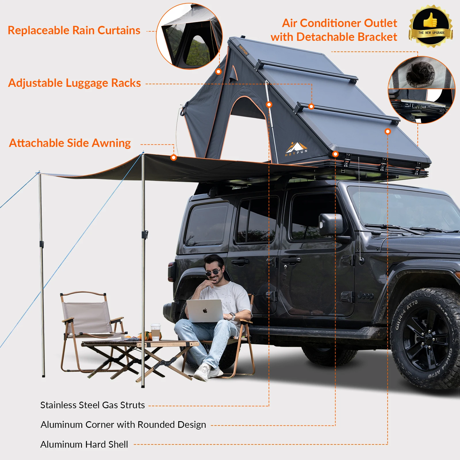 Explorer Plus Rooftop Tent Hardshell with Side Awning, Air Conditioner Outlet with Bracket & Replaceable Netting Rain Flies