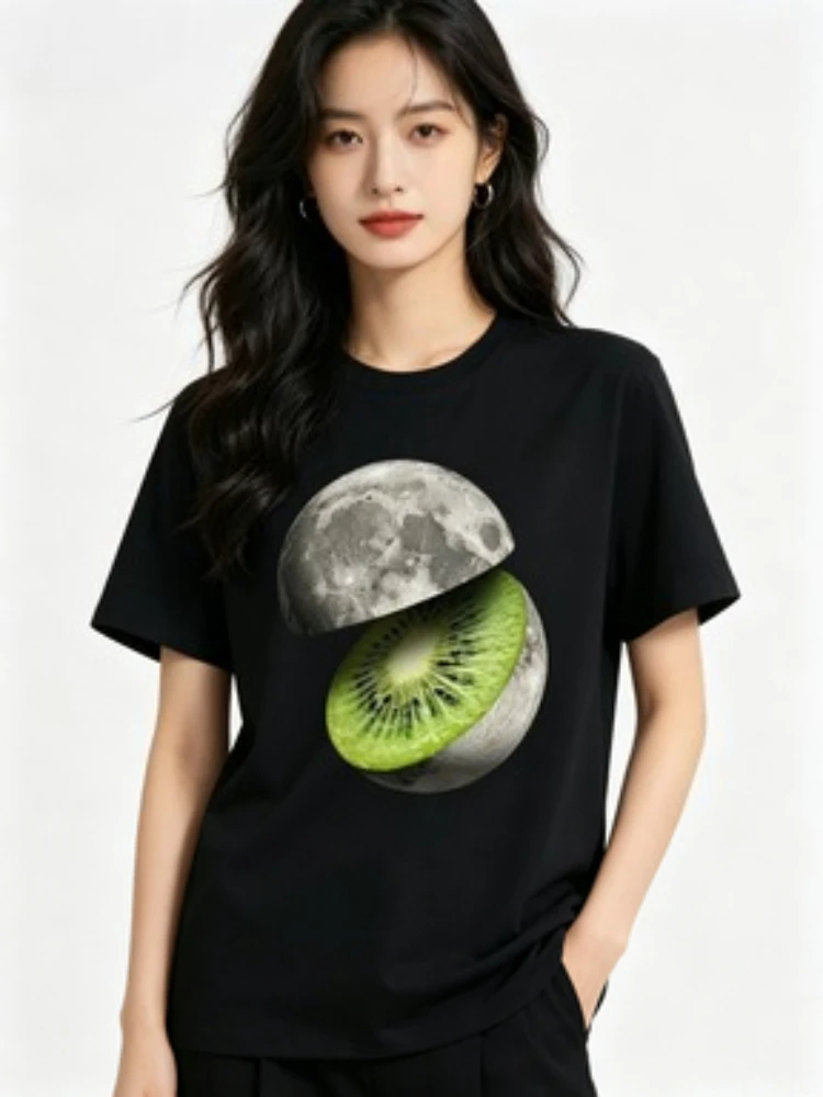 Moon Cut Kiwi Planet Space Fruit T Shirt for Adults Unique Astronomy Design vintage Washed Top For Everyday Wear Stretched