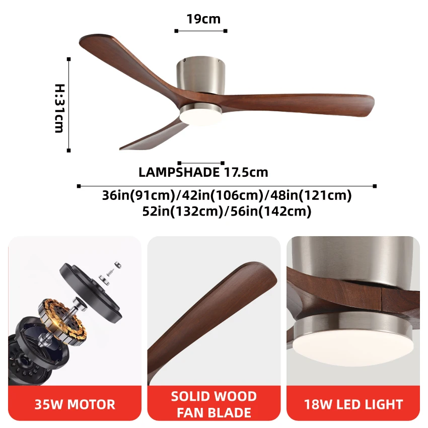 Solid Wood 3-Blade Ceiling Fan with LED Light Variable Frequency DC Motor, 6-Speed Remote Control, Silent Operation for Home