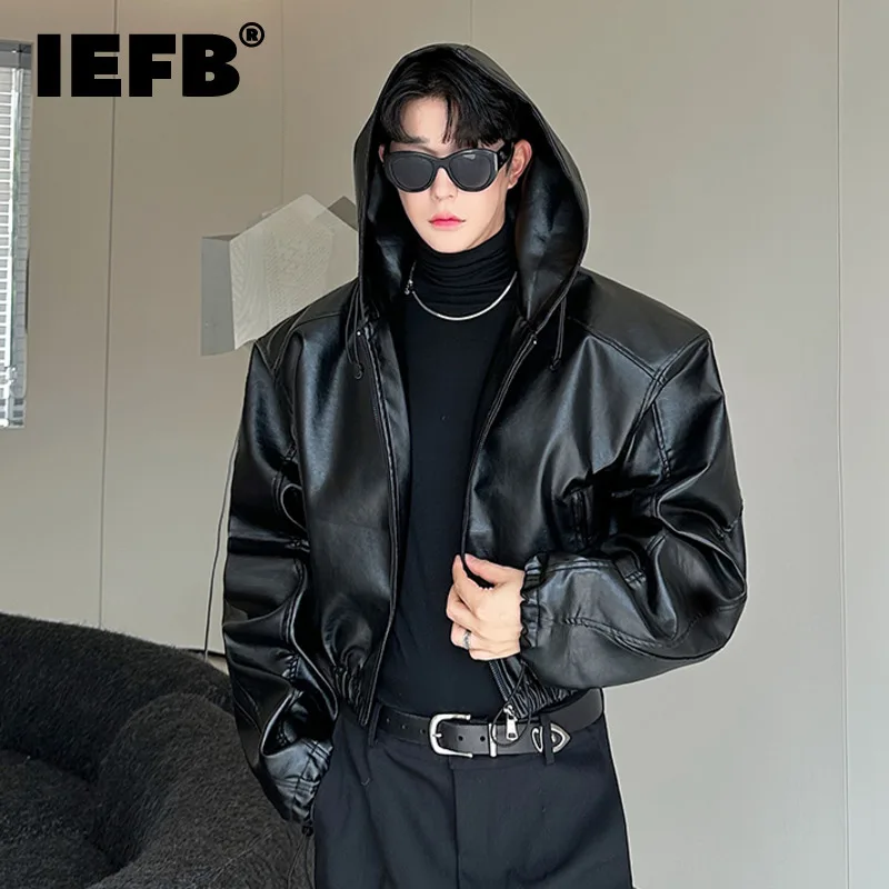 IEFB American Style Men\'s Jackets Casual Pu Leather Drawstring Hooded Solid Color Loose Male Coats Personalized Autumn 9C7986