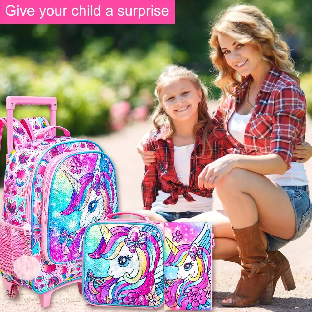 3Pcs Unicorn Rolling Backpack for Girls, Kids School Backpacks with Wheels, Roller Bookbag with Lunch Box for Elementary Prescho