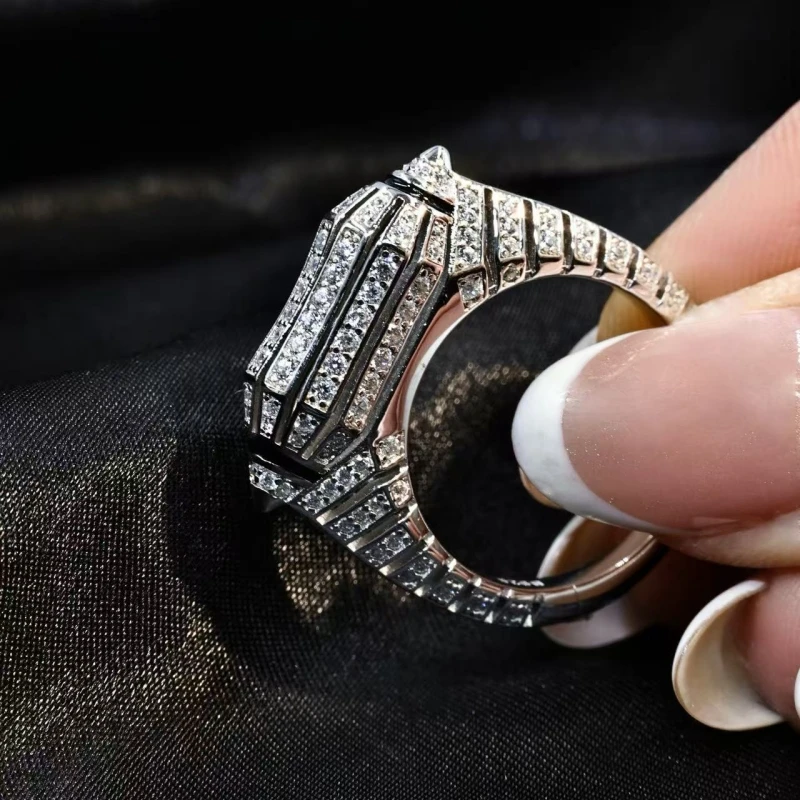 Bellux Geometric Full Diamond Ring for Women's Fine Jewelry Trendy Cool Design European and American Hip Hop Zebra Stripe Rings