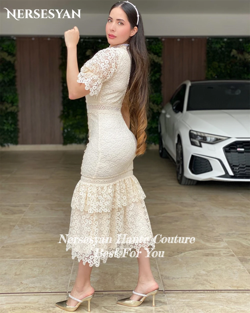 Nersesyan Bohemia Lace Wedding Dresses Short Puff Sleeves Bodycon O-Neck Bridal Gowns Tiered Ruffles Tea Length Bride Dress 2024