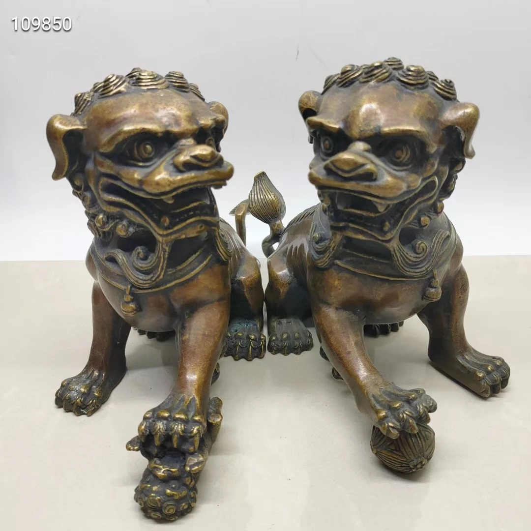 A Pair Vintage Copper Lion Statuary Lucky Beast Foo Dog Defend Home And Person Mascot