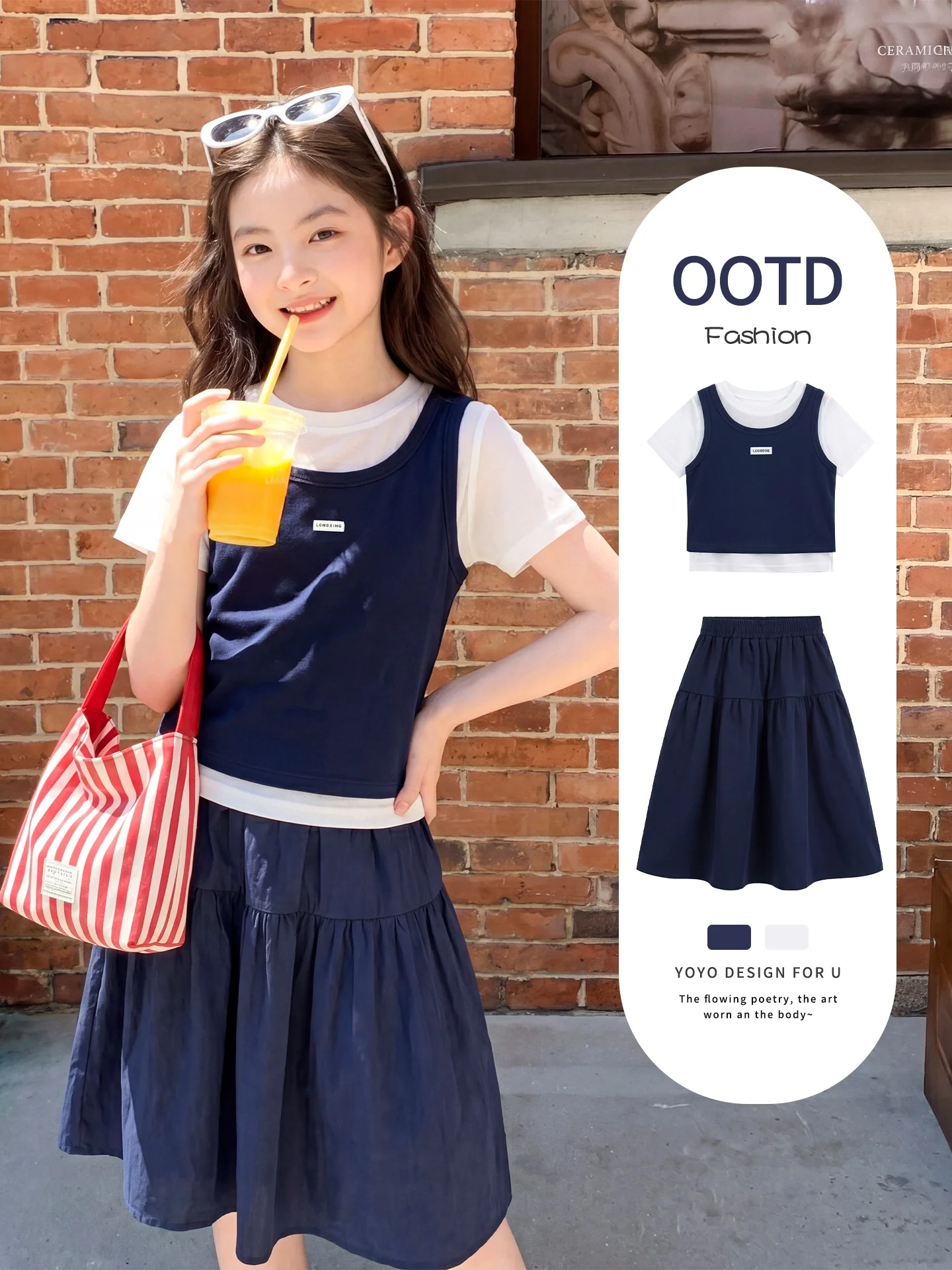 unique-beautiful-girl's-summer-outfit-korean-academy-dress-set-short-sleeve-round-neck-a-line-skirt-for-little-girls